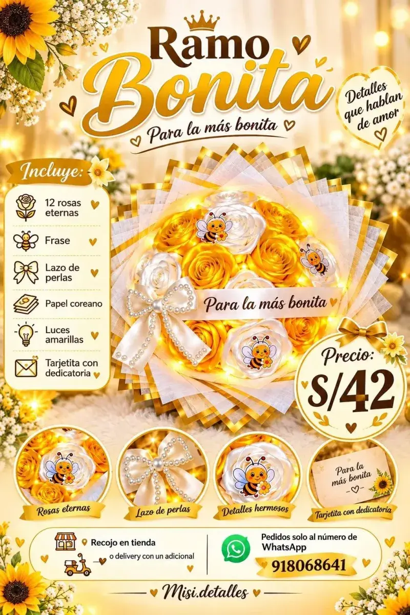 Ramos de flores eternas, girasoles y detalles con chocolates de Misi Detalles en Chimbote