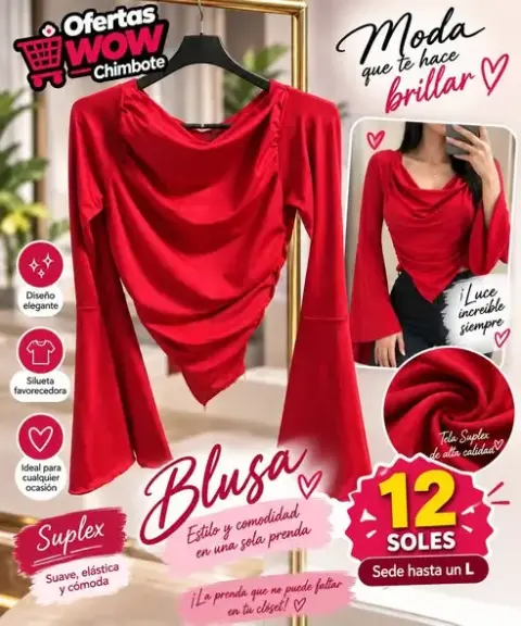 Blusa de dama roja — tela suplex con cuello drapeado