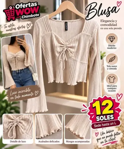 Blusa de dama beige de punto acanalado con lazo al frente