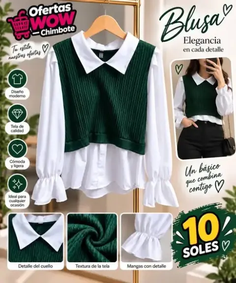 Blusa blanca con chaleco tejido verde — conjunto de dama