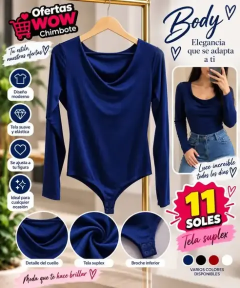 Body de dama azul marino — tela suplex manga larga