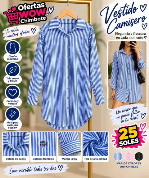 Vestido camisero de dama azul a rayas — manga larga