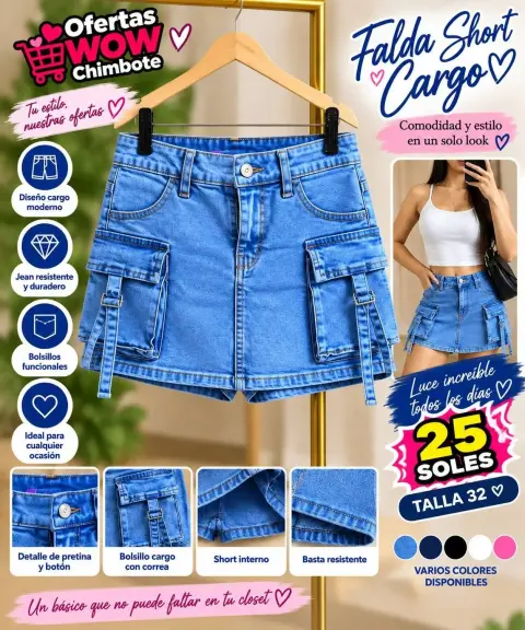Falda short cargo de jean celeste — talla 32
