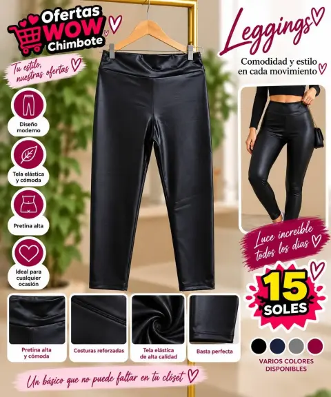 Leggings de dama negros efecto cuero — pretina alta