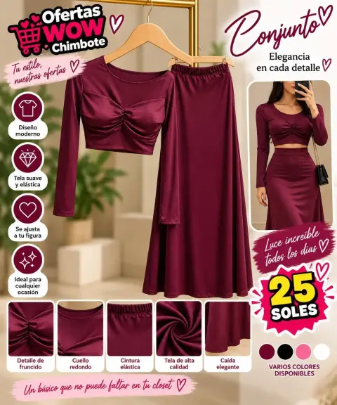Conjunto de dama vino — top fruncido con falda larga