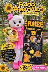 Detalle de caja con peluche y cartel temático de flores amarillas