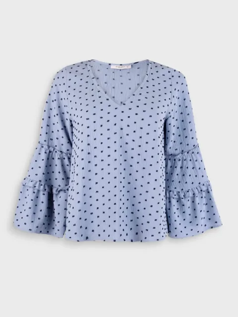 Blusa de seda sintética con escote en V y mangas abullonadas