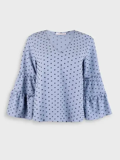 Blusa de seda sintética con escote en V y mangas abullonadas