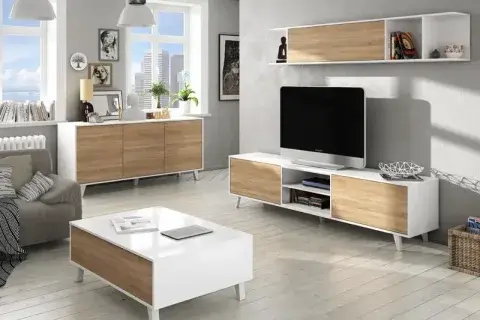 Mueble de TV con repisas y cajones laterales