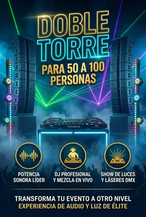 DJ con doble torre de sonido · local de 50 a 100 personas