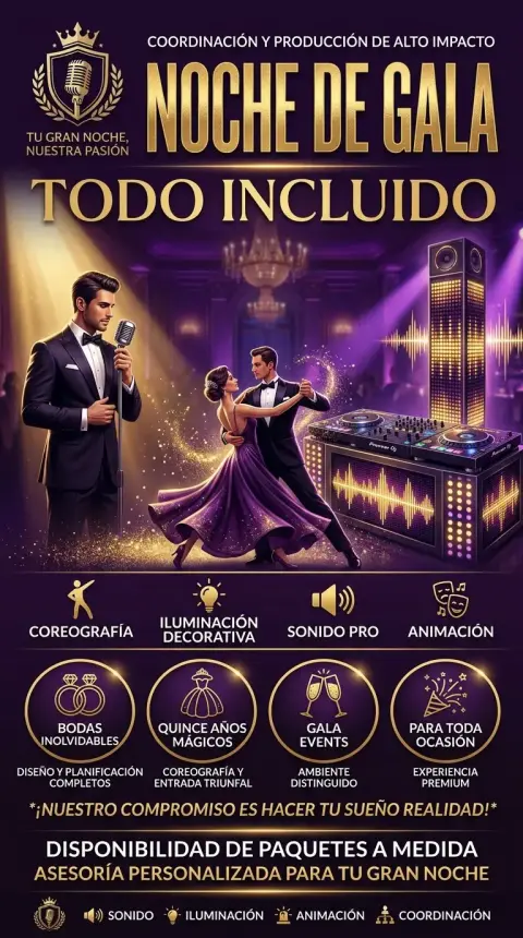 Pack Noche de Gala · maestro de ceremonias + DJ con torre 5 horas + hora loca