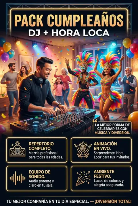 Pack Cumpleaños en Casa · DJ 3 horas continuadas + show de hora loca