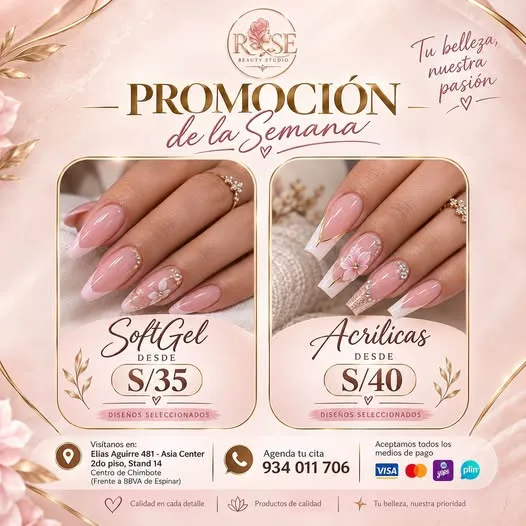 Rose Beauty Studio Chimbote: uñas en Soft Gel y acrílicas, lifting y extensiones de pestañas, corte, tinturación, botox capilar y alisados libres de formol en Elías Aguirre 481, Asia Center Stand 14