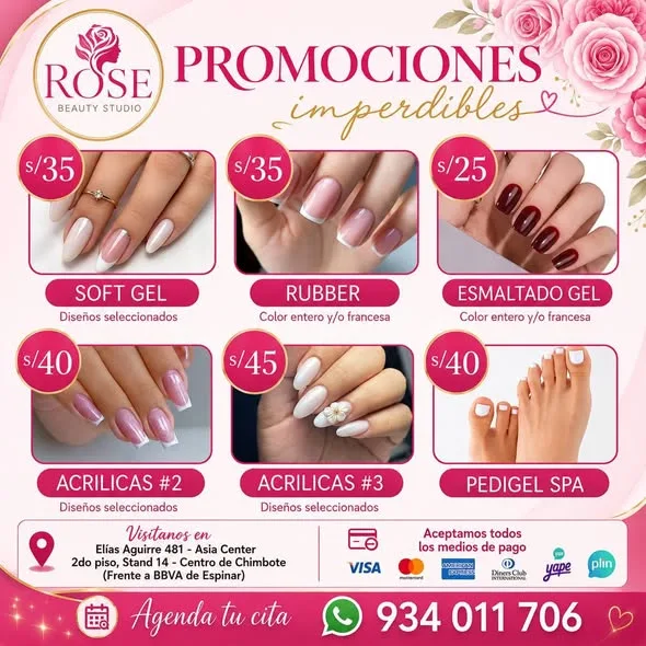 Rose Beauty Studio Chimbote: uñas en Soft Gel y acrílicas, lifting y extensiones de pestañas, corte, tinturación, botox capilar y alisados libres de formol en Elías Aguirre 481, Asia Center Stand 14