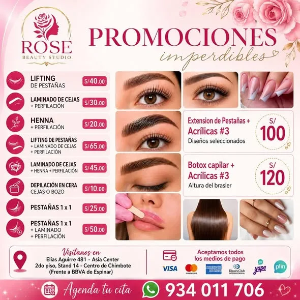 Rose Beauty Studio Chimbote: uñas en Soft Gel y acrílicas, lifting y extensiones de pestañas, corte, tinturación, botox capilar y alisados libres de formol en Elías Aguirre 481, Asia Center Stand 14