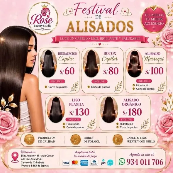 Rose Beauty Studio Chimbote: uñas en Soft Gel y acrílicas, lifting y extensiones de pestañas, corte, tinturación, botox capilar y alisados libres de formol en Elías Aguirre 481, Asia Center Stand 14