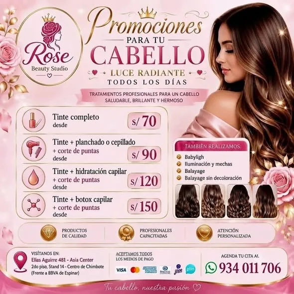 Rose Beauty Studio Chimbote: uñas en Soft Gel y acrílicas, lifting y extensiones de pestañas, corte, tinturación, botox capilar y alisados libres de formol en Elías Aguirre 481, Asia Center Stand 14
