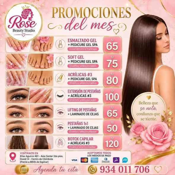 Rose Beauty Studio Chimbote: uñas acrílicas y Soft Gel, PediGel Spa, esmaltado en gel, lifting y extensiones de pestañas, laminado de cejas, microblading, botox capilar, alisados y peinados en Elías Aguirre 481, Asia Center Stand 14