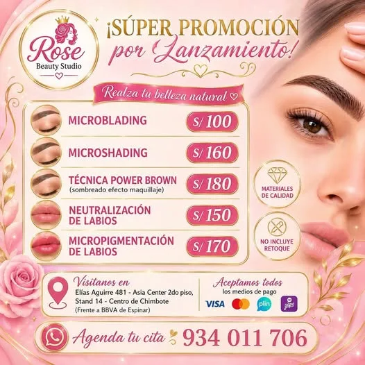 Rose Beauty Studio Chimbote: uñas acrílicas y Soft Gel, PediGel Spa, esmaltado en gel, lifting y extensiones de pestañas, laminado de cejas, microblading, botox capilar, alisados y peinados en Elías Aguirre 481, Asia Center Stand 14