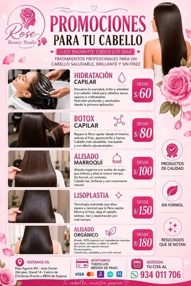 Rose Beauty Studio Chimbote: uñas acrílicas y Soft Gel, PediGel Spa, esmaltado en gel, lifting y extensiones de pestañas, laminado de cejas, microblading, botox capilar, alisados y peinados en Elías Aguirre 481, Asia Center Stand 14