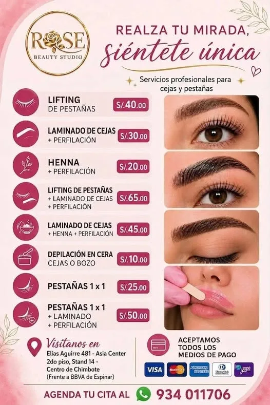 Rose Beauty Studio Chimbote: uñas acrílicas y Soft Gel, PediGel Spa, esmaltado en gel, lifting y extensiones de pestañas, laminado de cejas, microblading, botox capilar, alisados y peinados en Elías Aguirre 481, Asia Center Stand 14