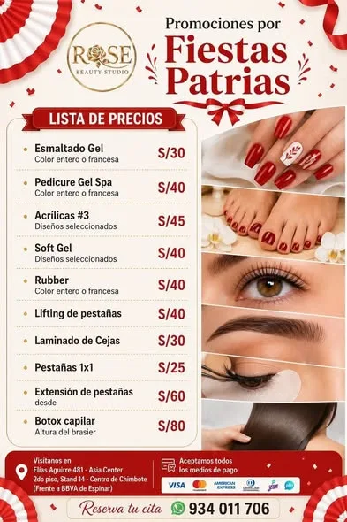 Rose Beauty Studio Chimbote: uñas acrílicas y Soft Gel, PediGel Spa, esmaltado en gel, lifting y extensiones de pestañas, laminado de cejas, microblading, botox capilar, alisados y peinados en Elías Aguirre 481, Asia Center Stand 14