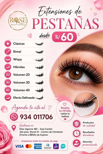 Rose Beauty Studio Chimbote: uñas acrílicas y Soft Gel, PediGel Spa, esmaltado en gel, lifting y extensiones de pestañas, laminado de cejas, microblading, botox capilar, alisados y peinados en Elías Aguirre 481, Asia Center Stand 14
