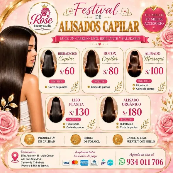 Rose Beauty Studio Chimbote: uñas acrílicas y Soft Gel, PediGel Spa, esmaltado en gel, lifting y extensiones de pestañas, laminado de cejas, microblading, botox capilar, alisados y peinados en Elías Aguirre 481, Asia Center Stand 14