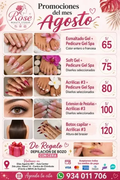 Rose Beauty Studio Chimbote: uñas acrílicas y Soft Gel, PediGel Spa, esmaltado en gel, lifting y extensiones de pestañas, laminado de cejas, microblading, botox capilar, alisados y peinados en Elías Aguirre 481, Asia Center Stand 14