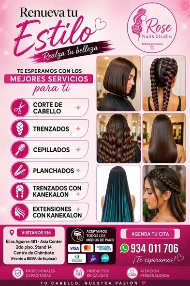 Rose Beauty Studio Chimbote: uñas acrílicas y Soft Gel, PediGel Spa, esmaltado en gel, lifting y extensiones de pestañas, laminado de cejas, microblading, botox capilar, alisados y peinados en Elías Aguirre 481, Asia Center Stand 14