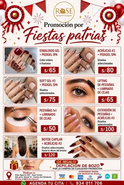 Rose Beauty Studio Chimbote: uñas acrílicas y Soft Gel, PediGel Spa, esmaltado en gel, lifting y extensiones de pestañas, laminado de cejas, microblading, botox capilar, alisados y peinados en Elías Aguirre 481, Asia Center Stand 14