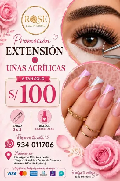 Rose Beauty Studio Chimbote: uñas acrílicas y Soft Gel, PediGel Spa, esmaltado en gel, lifting y extensiones de pestañas, laminado de cejas, microblading, botox capilar, alisados y peinados en Elías Aguirre 481, Asia Center Stand 14