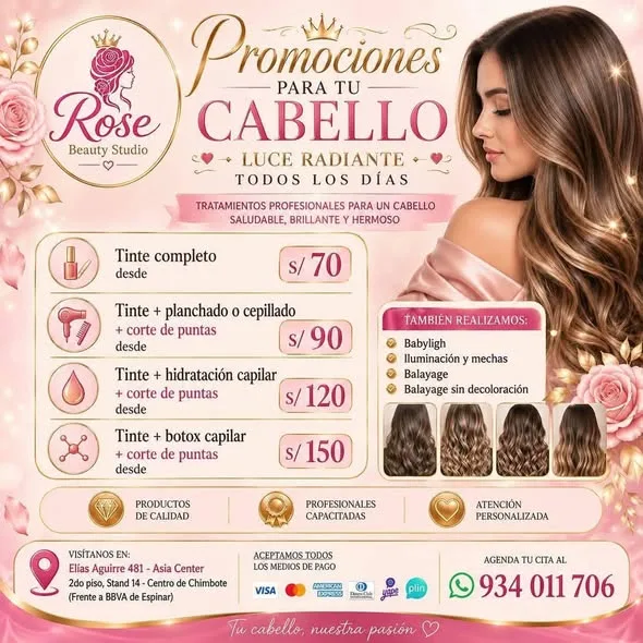 Rose Beauty Studio Chimbote: uñas acrílicas y Soft Gel, PediGel Spa, esmaltado en gel, lifting y extensiones de pestañas, laminado de cejas, microblading, botox capilar, alisados y peinados en Elías Aguirre 481, Asia Center Stand 14