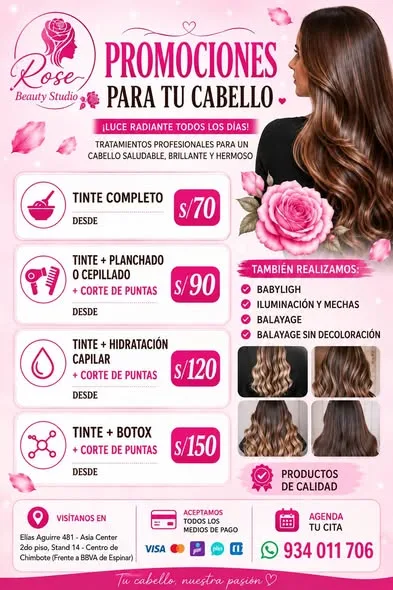 Rose Beauty Studio Chimbote: uñas acrílicas y Soft Gel, PediGel Spa, esmaltado en gel, lifting y extensiones de pestañas, laminado de cejas, microblading, botox capilar, alisados y peinados en Elías Aguirre 481, Asia Center Stand 14
