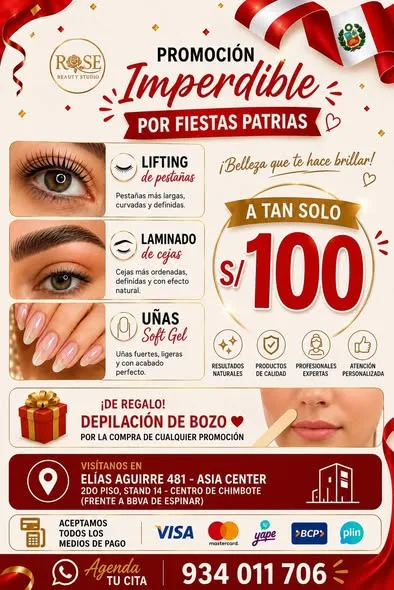 Rose Beauty Studio Chimbote: uñas acrílicas y Soft Gel, PediGel Spa, esmaltado en gel, lifting y extensiones de pestañas, laminado de cejas, microblading, botox capilar, alisados y peinados en Elías Aguirre 481, Asia Center Stand 14