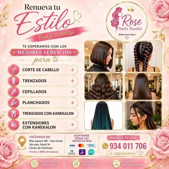 Rose Beauty Studio Chimbote: uñas acrílicas y Soft Gel, PediGel Spa, esmaltado en gel, lifting y extensiones de pestañas, laminado de cejas, microblading, botox capilar, alisados y peinados en Elías Aguirre 481, Asia Center Stand 14