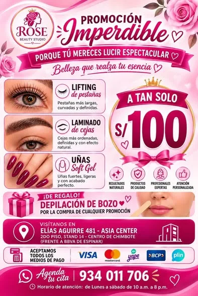 Rose Beauty Studio Chimbote: uñas acrílicas y Soft Gel, PediGel Spa, esmaltado en gel, lifting y extensiones de pestañas, laminado de cejas, microblading, botox capilar, alisados y peinados en Elías Aguirre 481, Asia Center Stand 14