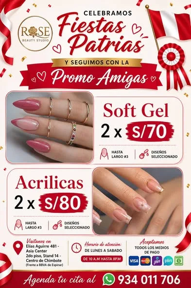Rose Beauty Studio Chimbote: uñas acrílicas y Soft Gel, PediGel Spa, esmaltado en gel, lifting y extensiones de pestañas, laminado de cejas, microblading, botox capilar, alisados y peinados en Elías Aguirre 481, Asia Center Stand 14