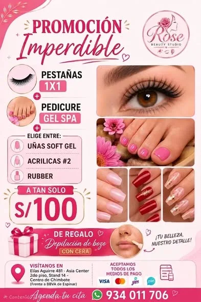 Rose Beauty Studio Chimbote: uñas acrílicas y Soft Gel, PediGel Spa, esmaltado en gel, lifting y extensiones de pestañas, laminado de cejas, microblading, botox capilar, alisados y peinados en Elías Aguirre 481, Asia Center Stand 14