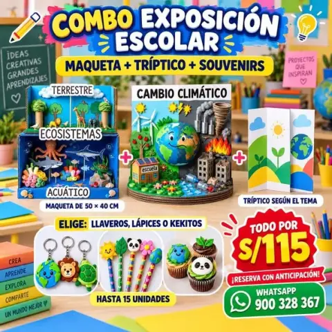 Combo Exposición Escolar (maqueta + tríptico + souvenirs)