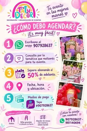 Decoración temática de eventos en Chimbote: fiestas infantiles, baby shower, 15 años, matrimonios, arcos de globos y alquiler de toldos, sillas y mesas.