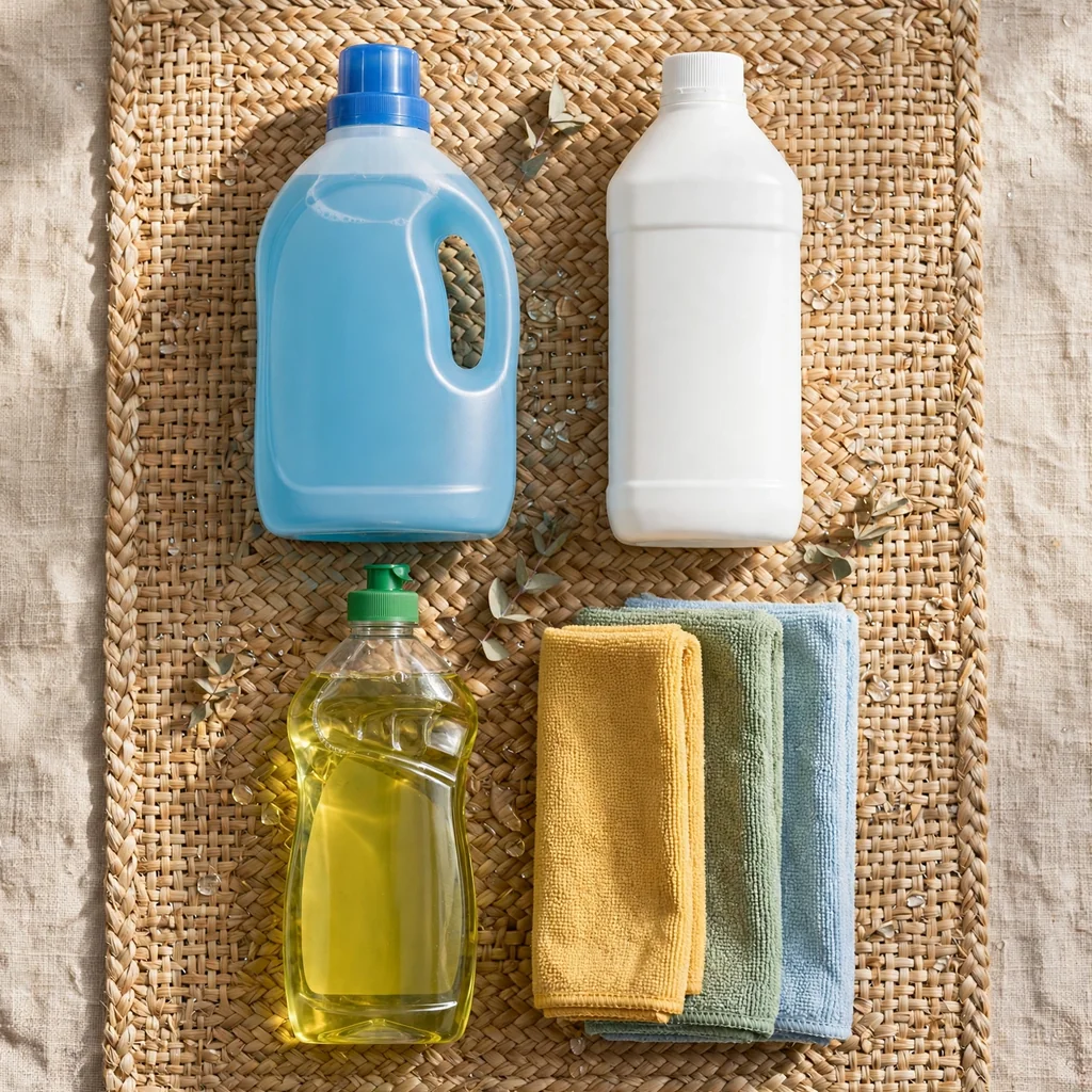 Combo de limpieza para el hogar (detergente, lejía, lavavajillas y paños)
