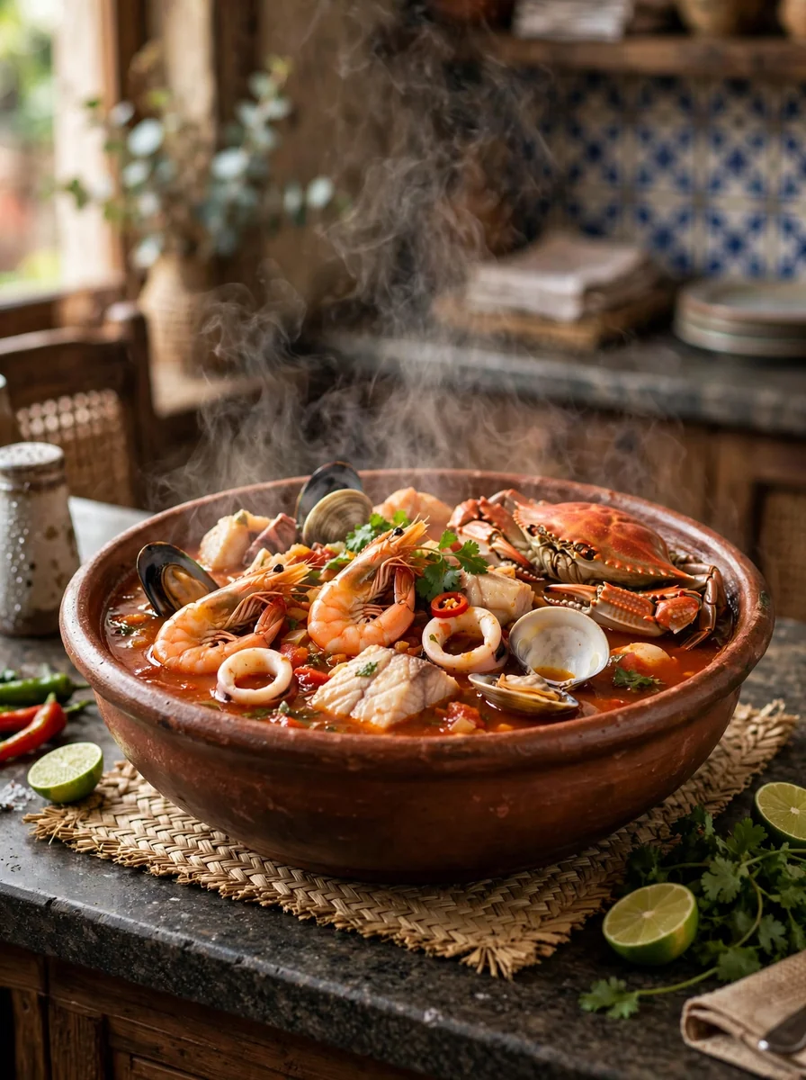 Parihuela de mariscos bien caliente y cargada