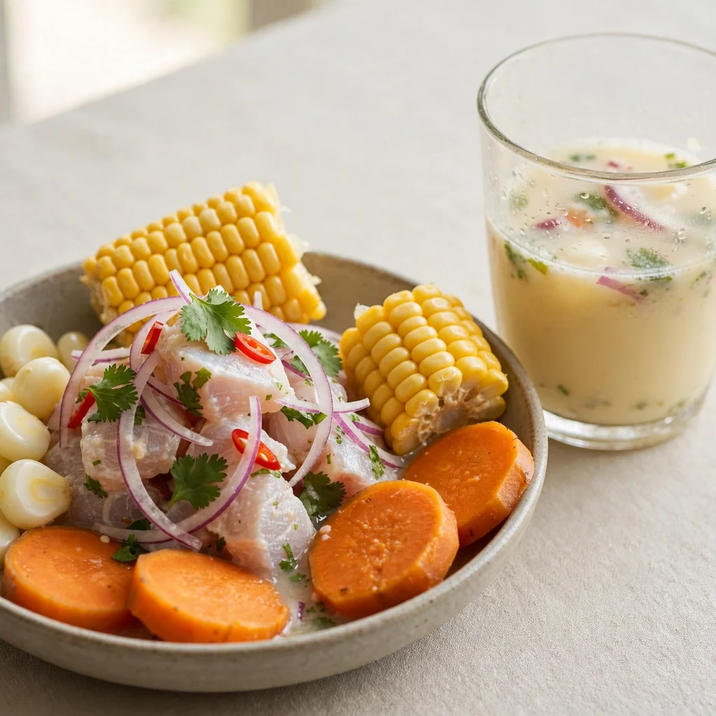 Ceviche de pescado fresco con choclo, camote y leche de tigre