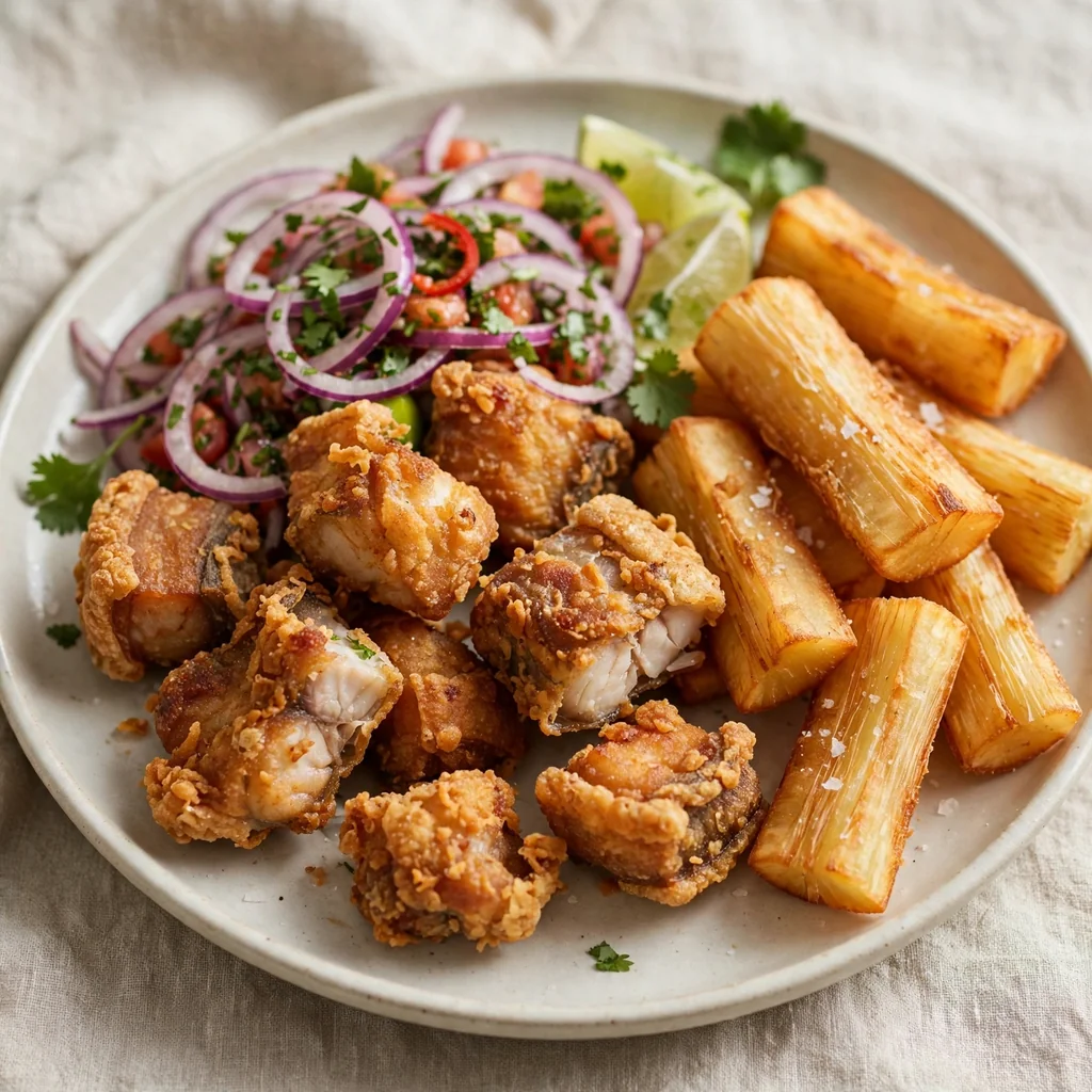 Chicharrón de pescado con yuca frita y salsa criolla