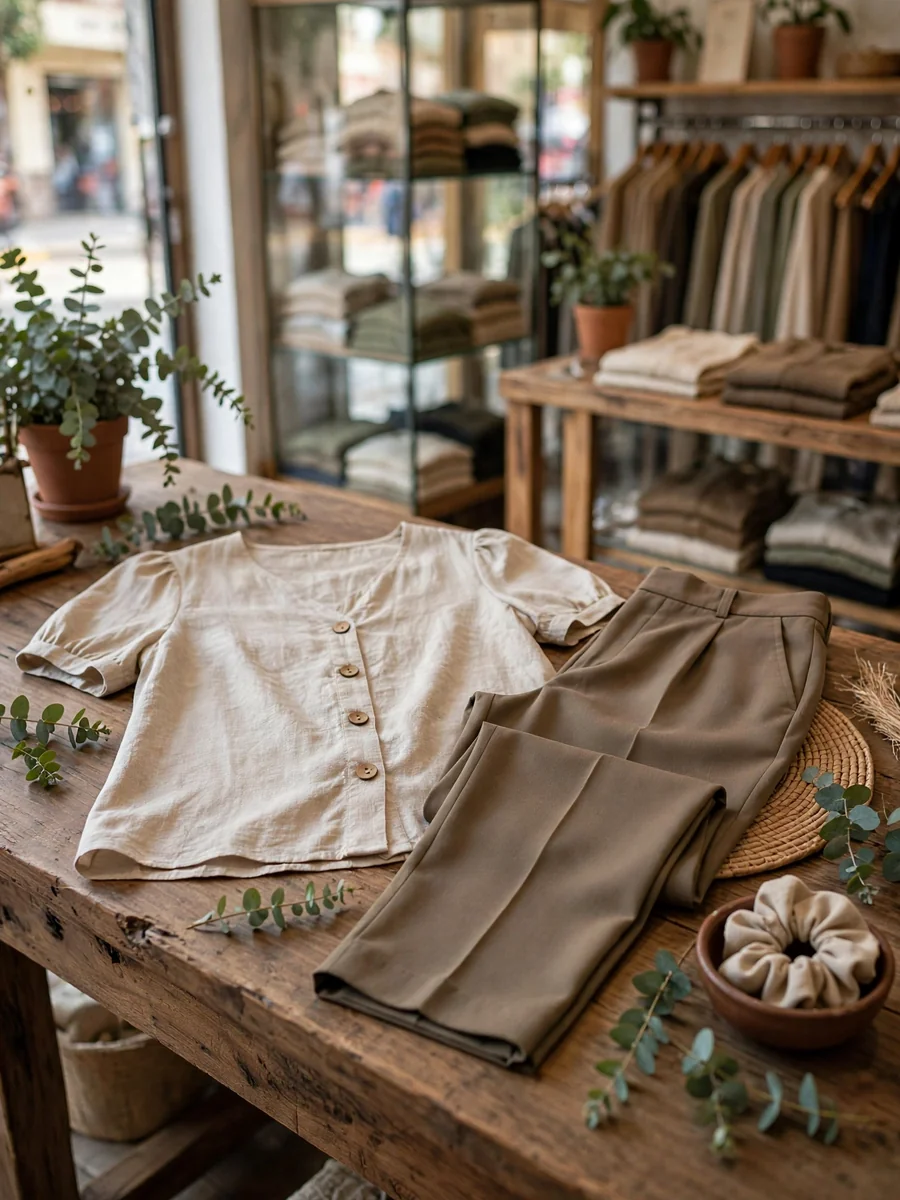 Conjunto casual de dama: blusa de tela fresca y pantalón de vestir