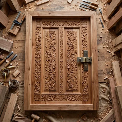 Puerta tallada de madera a medida, con marco y chapa