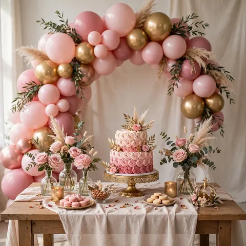 Decoración completa de quinceañero: mesa principal, arco y globos