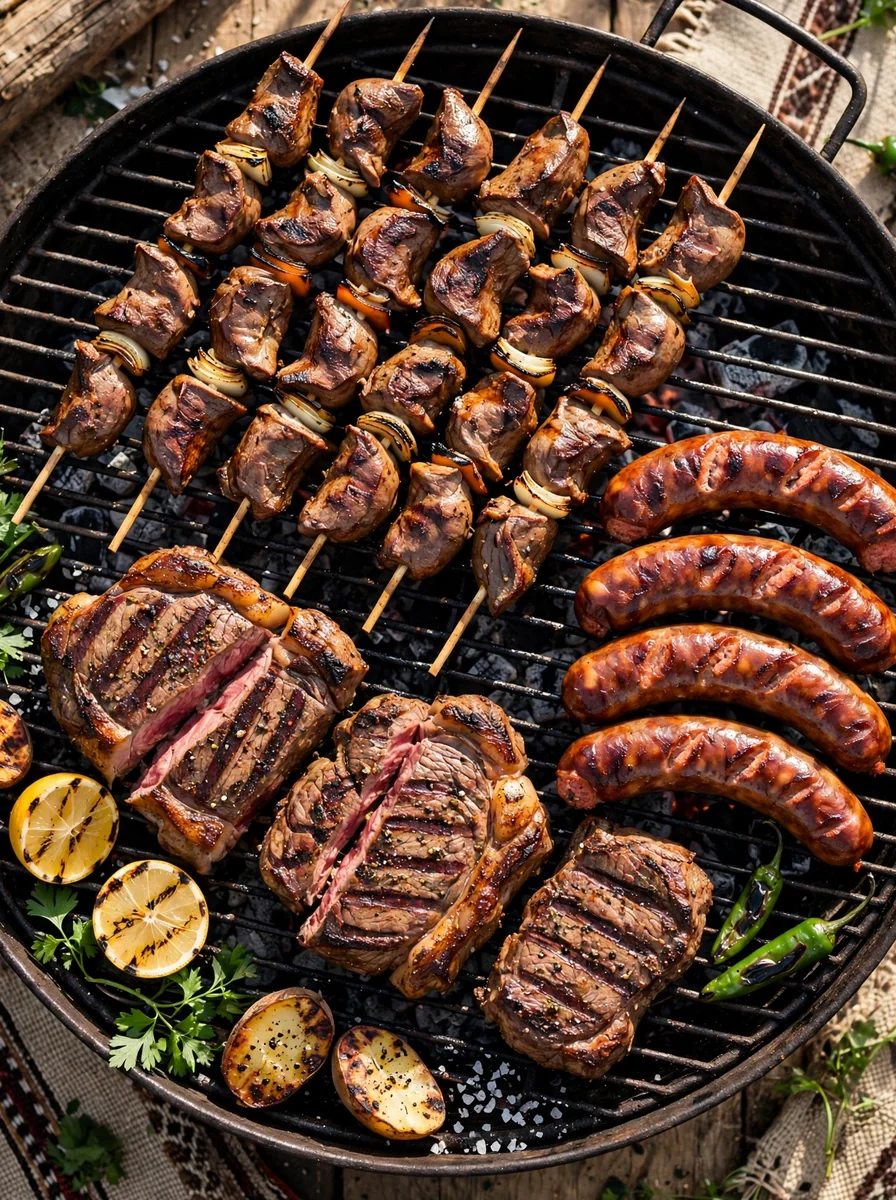 Parrilla para evento: anticuchos, chorizo y carne a la parrilla