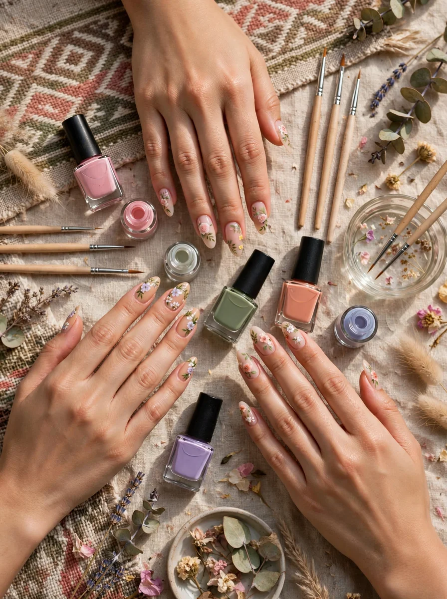 Uñas acrílicas con decoración a mano alzada